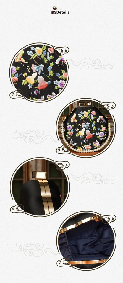 Cape-Bay Embroidered Women's Bag with Cheongsam, Chinese Classical Flower Embroider Small Bag Flower Cloth Bag, Gold Edged Gold Lock Chain Bag, Fashionable Niche Black Flower Cloth Bag, Banquet Party Casual Shoulder Bag, Cros