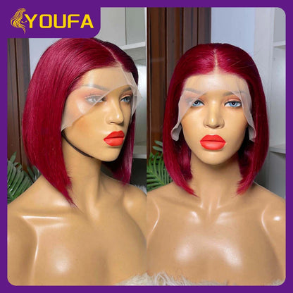Burgundy 13x4 Lace Front Wigs With Bangs New Style 100% Brazilian Straight Human Hair Wigs Transparent Lace Frontal Bang Wigs