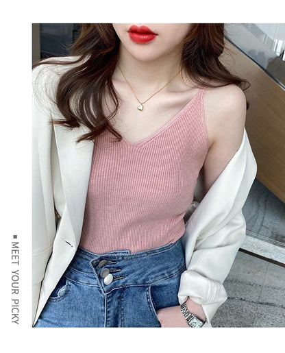 Korea Summer Tops 2026 New Solid V-Neck Elastic Knitted Suspender Camis Women's Tanks Clothing Basics Shirt