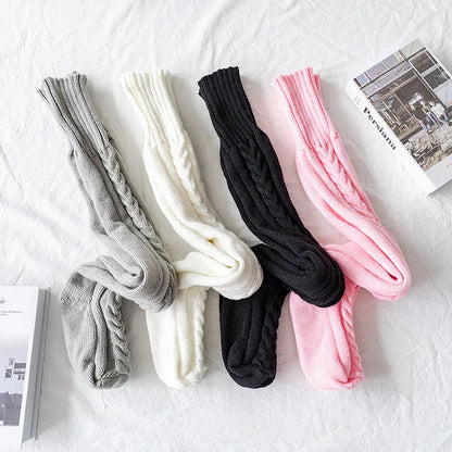 Women Winter Warm Breathable Long Johns Mohair Knee Length Knitted Wool Stretch High Sockings Femboy Leg Warmers Kawaii Clothes