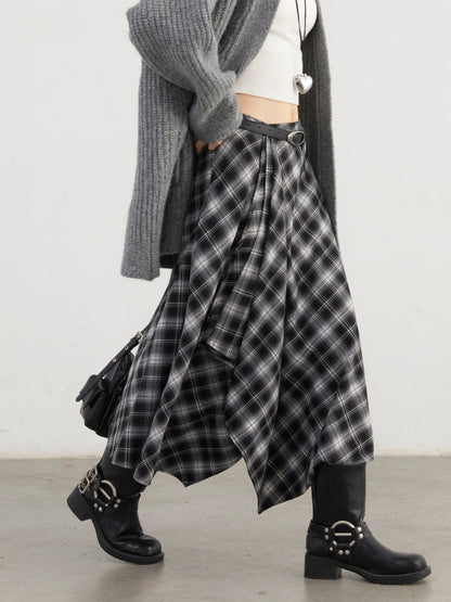 CHIC VEN Women Skirts A Line Retro Loose High Waist Irregular Color Plaid Frosted Half Body Long Ladies Skirt Autumn Winter 2026
