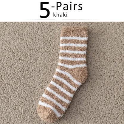 5 Pairs Thick Mens Thermal Socks Winter Warm Striped Coral Fleece Fluffy Solid Color Sleep Male Bed Socks Calcetines Hot Sell