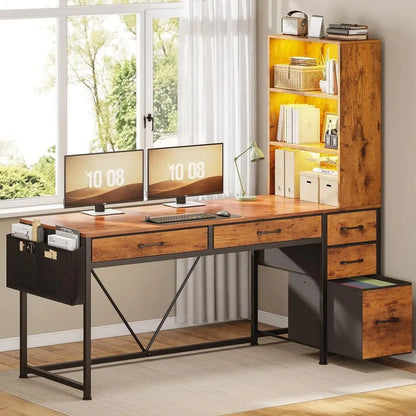 5-Drawer Rustic Brown Desk with Bookshelf and LED Lights, Compact Home Office Gaming Corner Desk with Storage Customized
