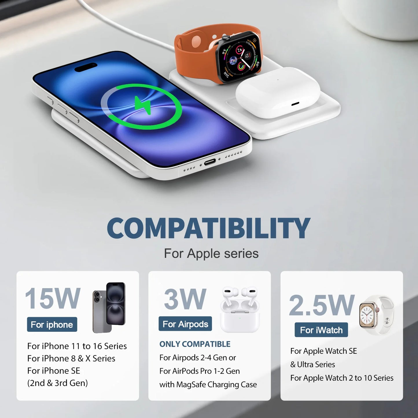 15W Magnetic 3 in 1 Wireless Charger Station Foldable Fast Charging  Type-C For iPhone 17 16 15 14 Xiaomi SAMSUNG iWatch AirPods