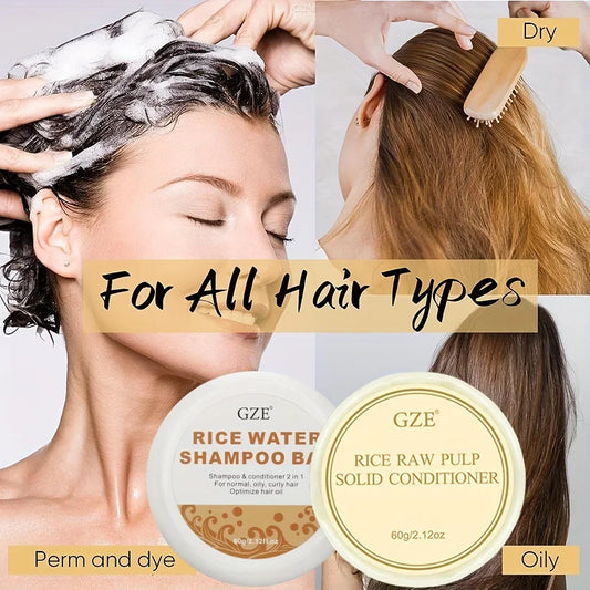 GZE Rice Water Shampoo Bar Soap and Rice Raw Pulp Solid Conditioner For Hair Strengthening, Helps Dry Hair Moisturizing