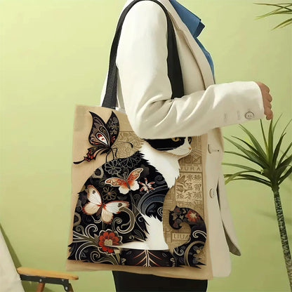 Classic Black And White Cat Tote Bag With Cat Print, Reusable Shoulder Shopping Beach Bag For Women, Durable Casual Carryall