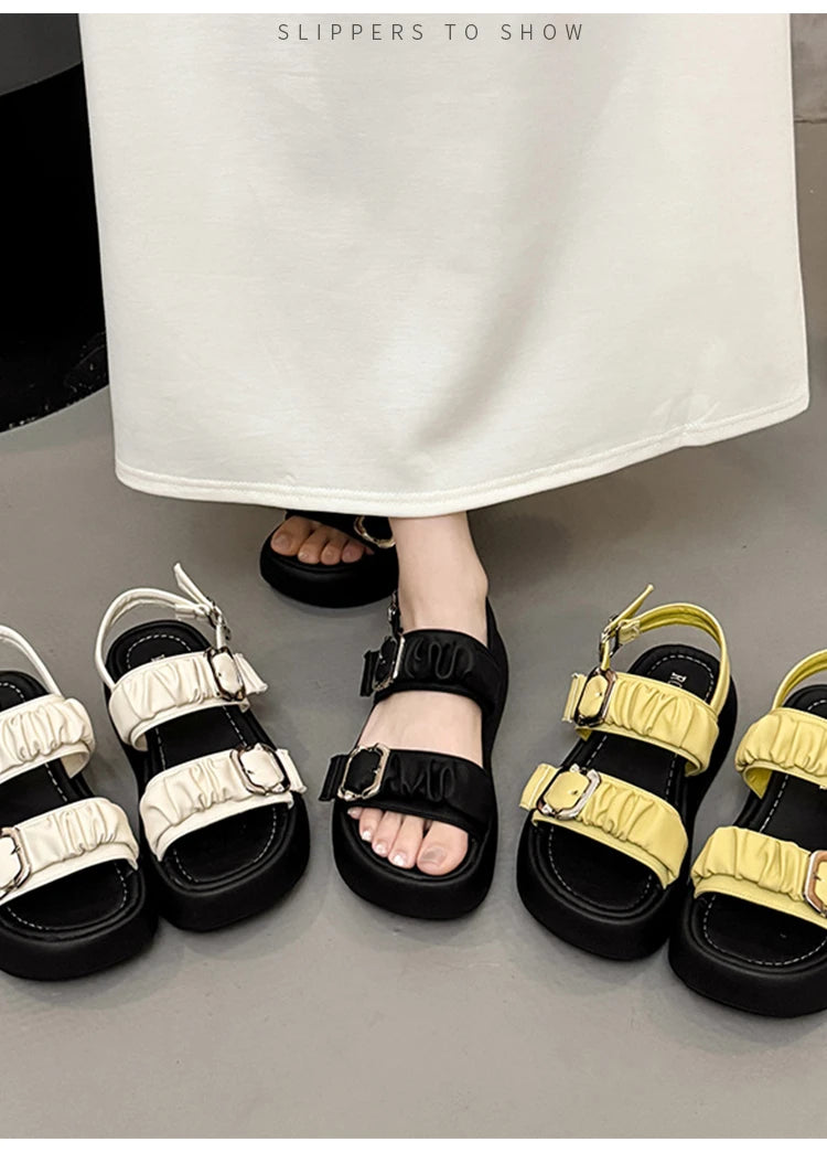 Designer's One Word Buckle Thick Bottom Women's Sandals Luxury Women's Shoes Round Head Fish Mouth Shoes Sponge Bottom Sandals