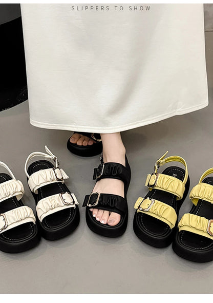 Designer's One Word Buckle Thick Bottom Women's Sandals Luxury Women's Shoes Round Head Fish Mouth Shoes Sponge Bottom Sandals