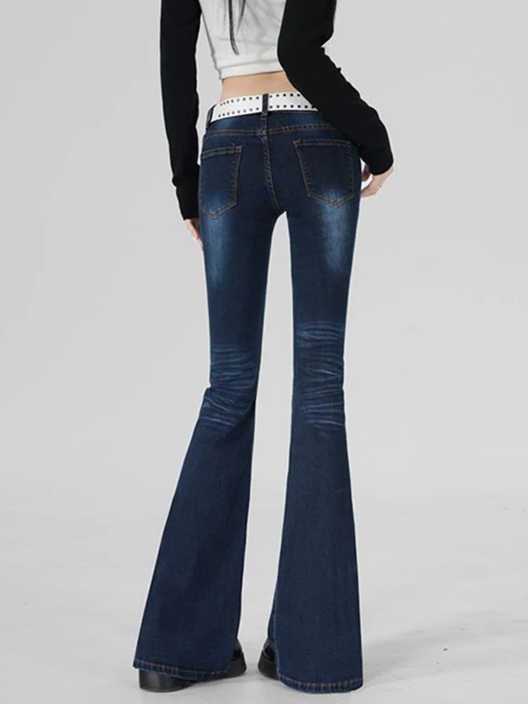 Stretch Flared Jeans Low Rised Pocket Denim Pants Women Y2K Casual Full-length Dark Blue Jeans Vintage 90S Jeans Female Trousers