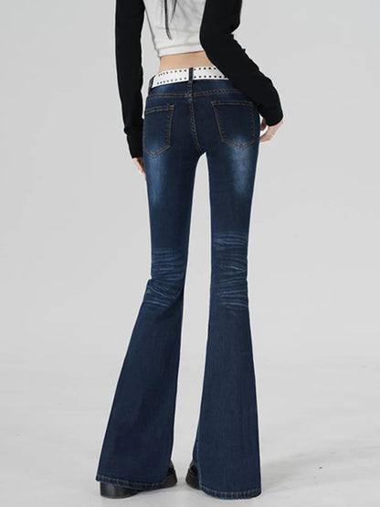 Stretch Flared Jeans Low Rised Pocket Denim Pants Women Y2K Casual Full-length Dark Blue Jeans Vintage 90S Jeans Female Trousers