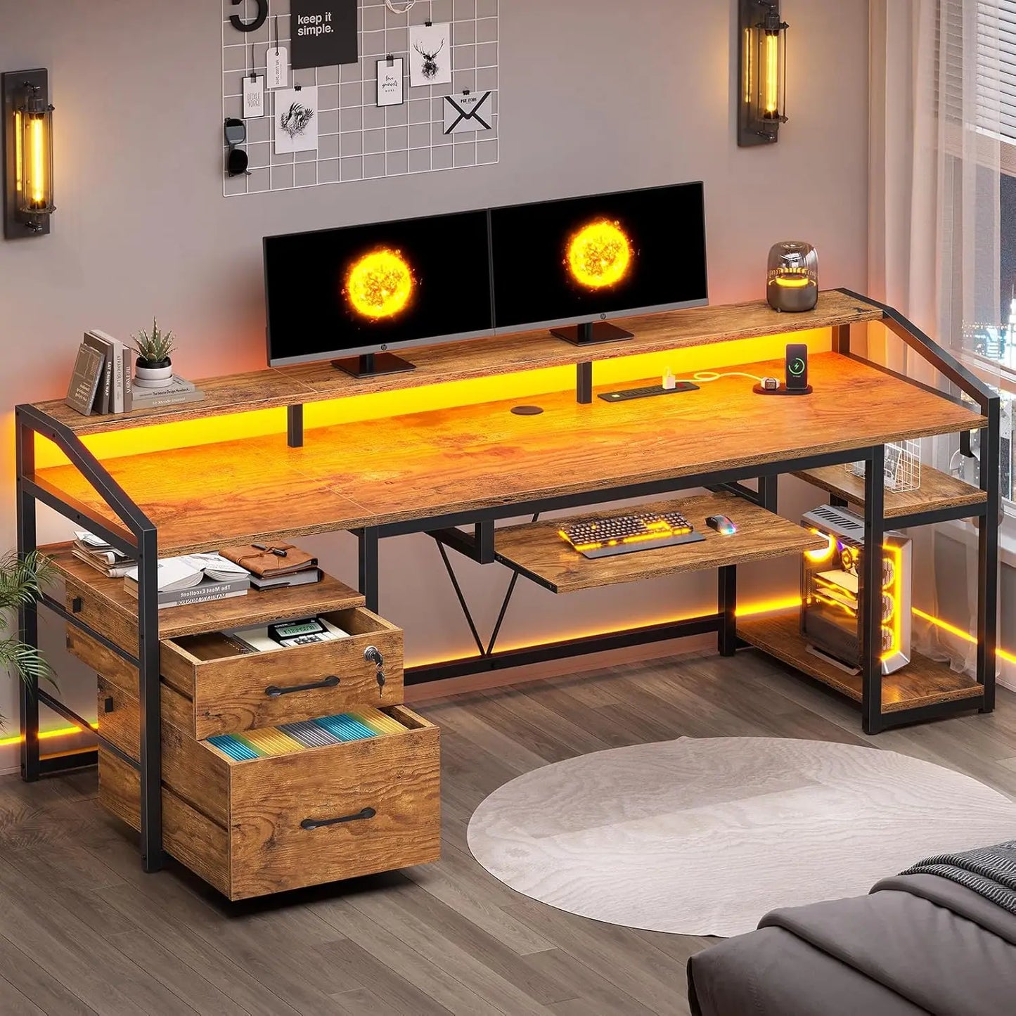 63" Computer Desk, Office Desk with Lock Drawers for Legal/Letter File, Gaming Desk with LED Light & Power Outlet,, Customized