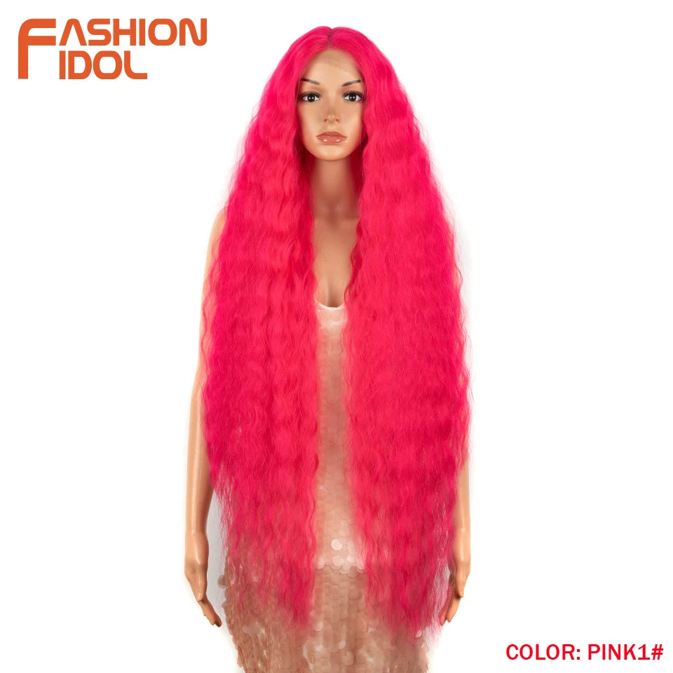 FASHION IDOL 42" Loose Wave Lace Front Wig Hair Synthetic Wigs For Women Ombre Blonde Water Wavy Long Curly Hair Wig Cosplay