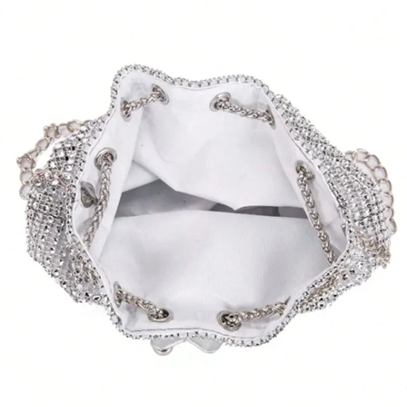 Sparkling Rhinestone Embellished Drawstring Crossbody Bag for Women Multi-Functional Bucket Purse with Detachable Chain Strap