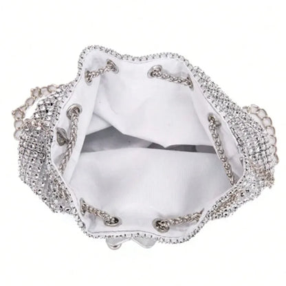 Sparkling Rhinestone Embellished Drawstring Crossbody Bag for Women Multi-Functional Bucket Purse with Detachable Chain Strap