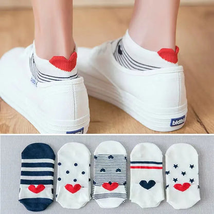 5 Pairs Lot Pack Women Socks Spring Summer Animal Unicorn Cat Fox Ear Cartoon Happy Funny Cute Lovely Cotton Ankle Socks Heart