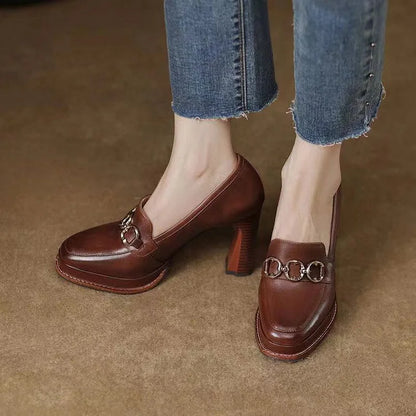 Split Cowhide Leather Shoes,Women Platform Block High Heels,Square Toe, Slip On,Retro Style,Brown,Black,Size 34-39,Dropship
