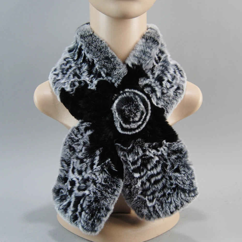 Hot Russian Women Knit Real Rex Rabbit Fur Scarf Lady Fashion Floral Rex Rabbit Fur Mufflers Hot Winter Warm Natural Fur Scarves