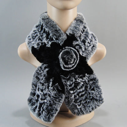 Hot Russian Women Knit Real Rex Rabbit Fur Scarf Lady Fashion Floral Rex Rabbit Fur Mufflers Hot Winter Warm Natural Fur Scarves
