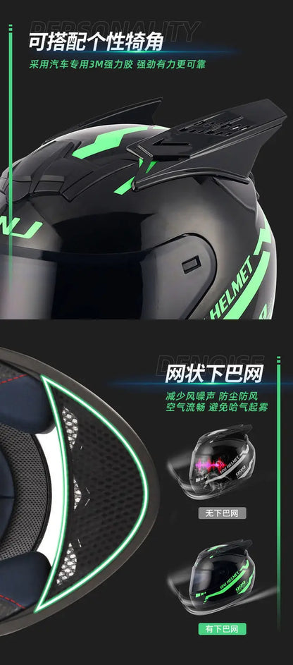 HNJ Men Motorcycle Helmet Women Full Face Helmet Riding Personality Horn Pink Helmet DOT Certification casco moto