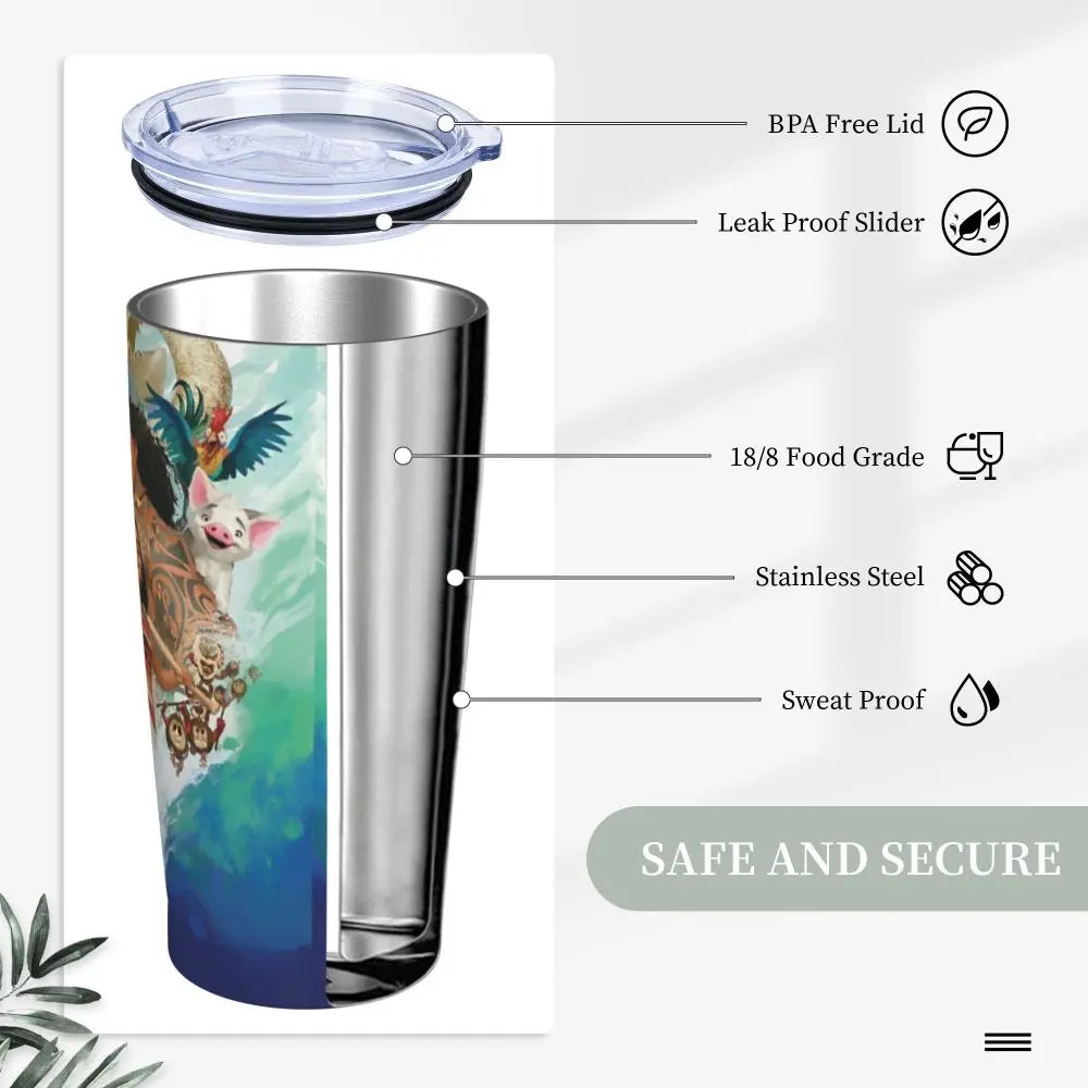 Moana and Pua Cartoon Movie Insulated Tumbler with Straws Stainless Steel Coffee Mugs Double Wall Car Bottle Cups 20oz