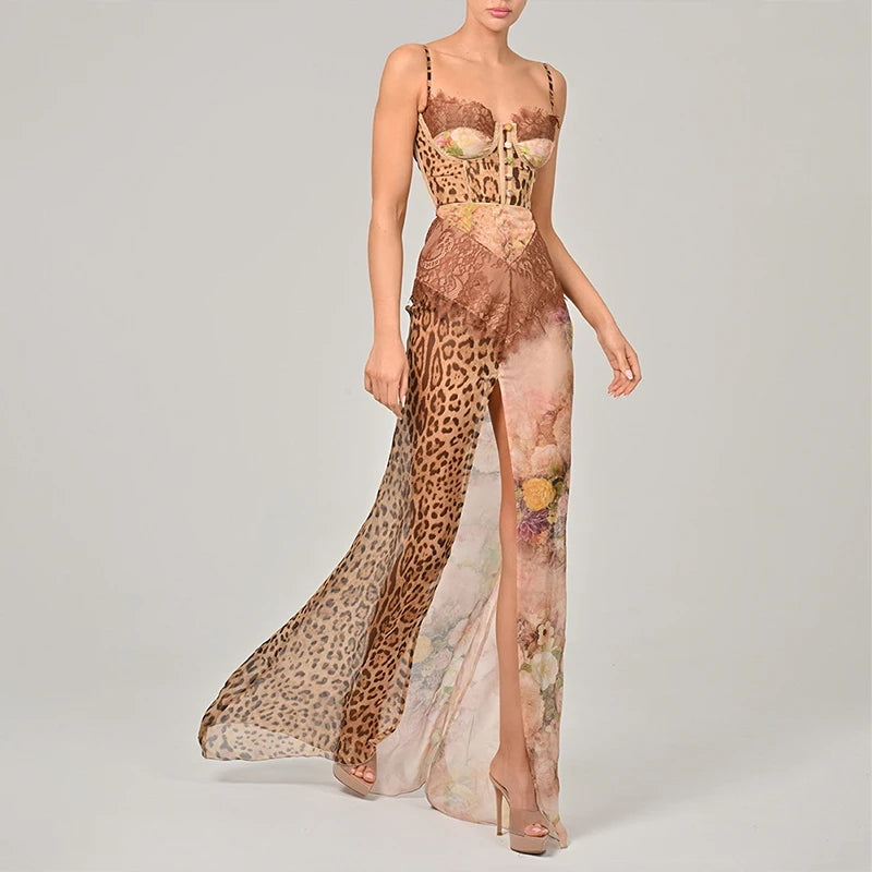 Leopard Printed Patchwork Lace Dress Women's Irregular See Though Button Sling Vestidos Sexy Summer Beach Party Gowns New