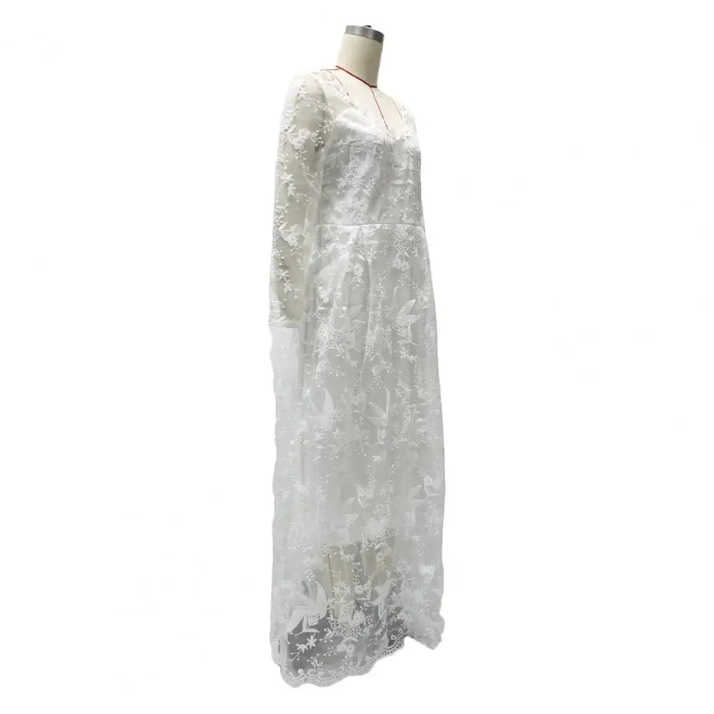 Detail Lace Cocktail Party Dress Floral Embroidere Maxi Dress Women Wedding Bride Dress Lace Long Sleeve Back Zipper Lace