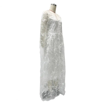 Detail Lace Cocktail Party Dress Floral Embroidere Maxi Dress Women Wedding Bride Dress Lace Long Sleeve Back Zipper Lace
