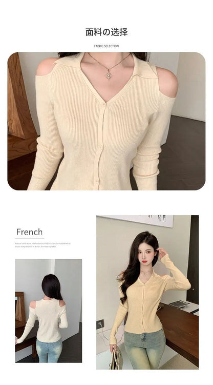 Women Clothing Autumn Fashion Simplicity All-match Screw Thread Knitting Female Solid Color V-neck Slim Sweater Pullovers Tops