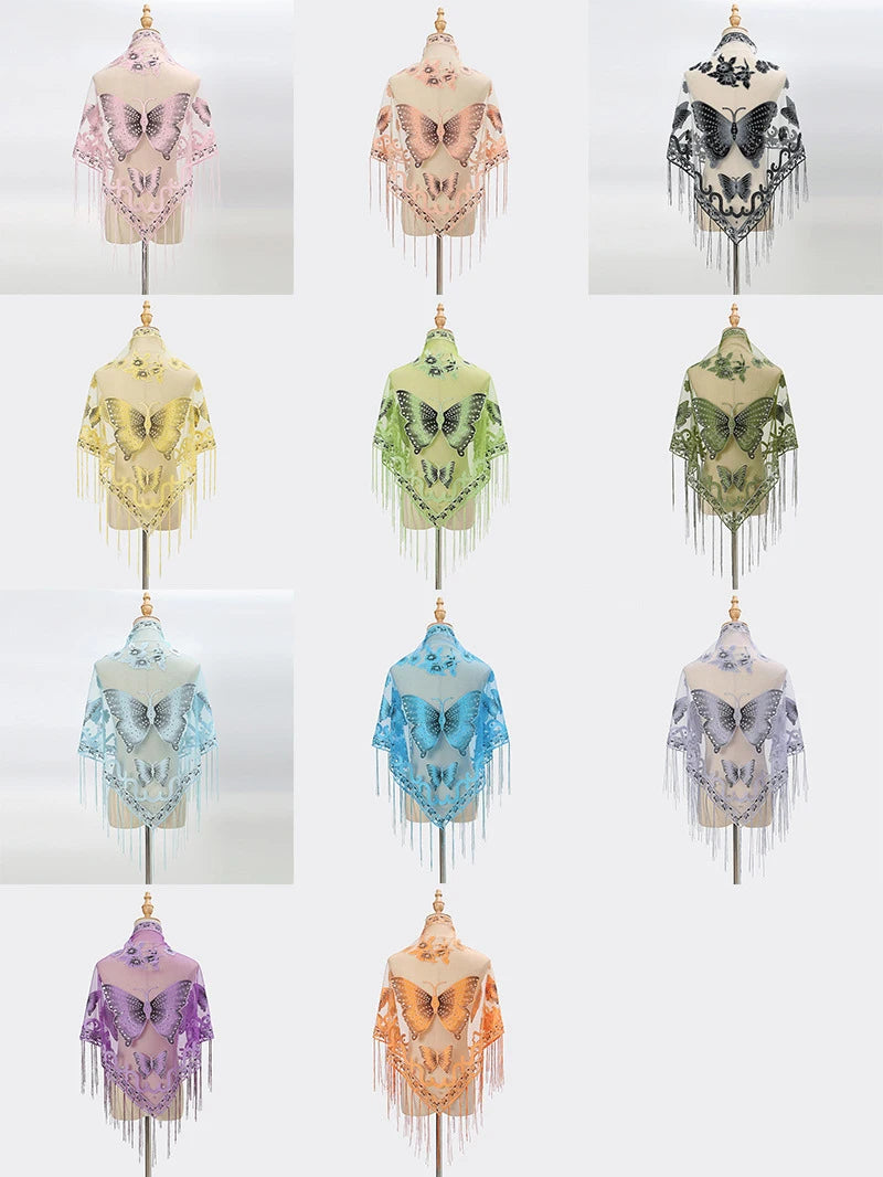 New Women Lace Tassel Triangular Scarf Solid Hollow-out Butterfly Embroidery Scarves Soft Lady Shawl Foulard Party Wrap Shawls