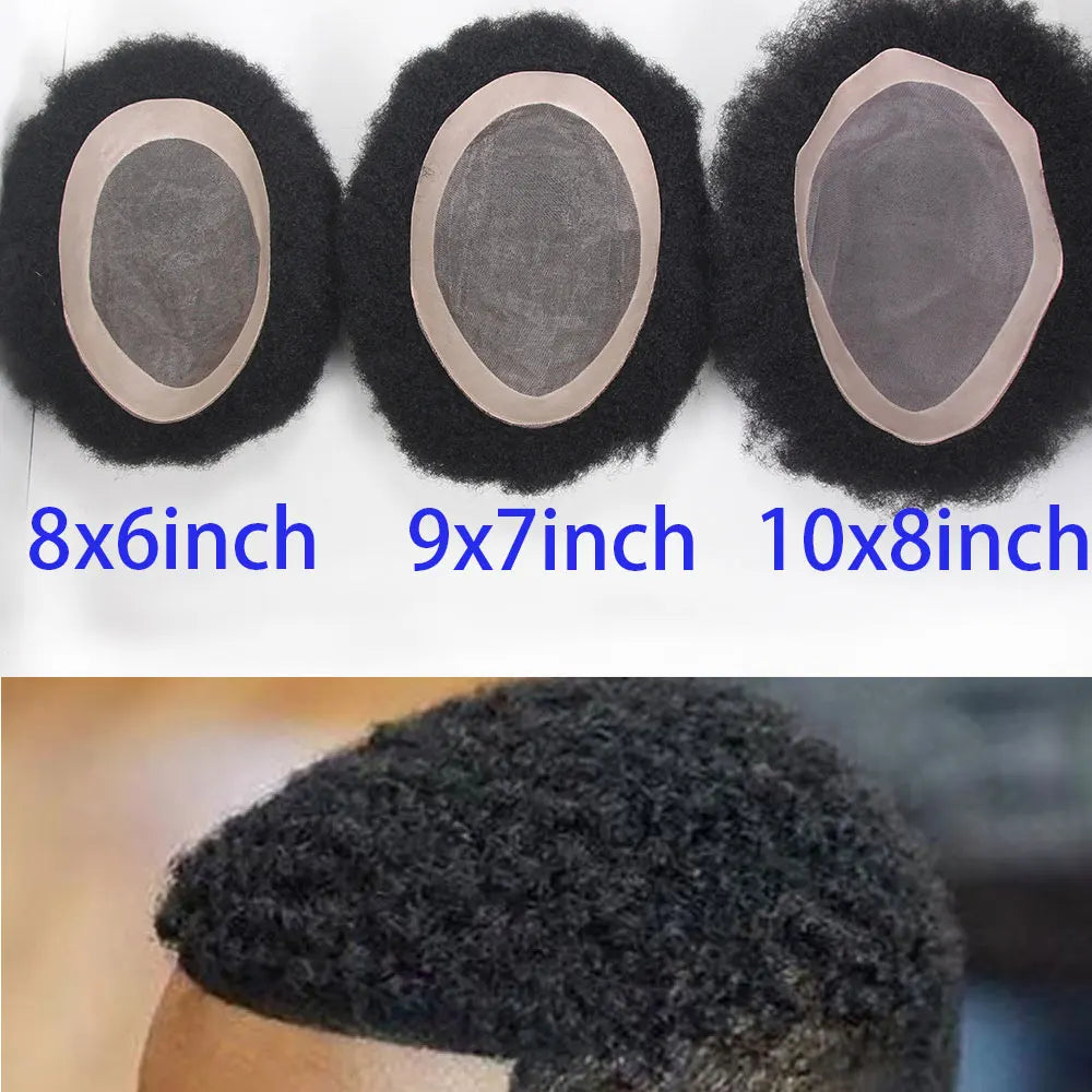 Afro Black Mens Toupee 4MM Man Wigs100% Human Hair African American Systems Afro Curly Hair pieces Replacement 1#Jet black 8x10"