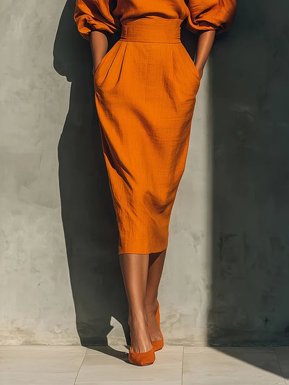 Elegant Fashion Solid Party A-lien Dress Casual O-neck Lantern Sleeve Pocket Dress Temperament High Waist Pleated Wrap Hip Dress