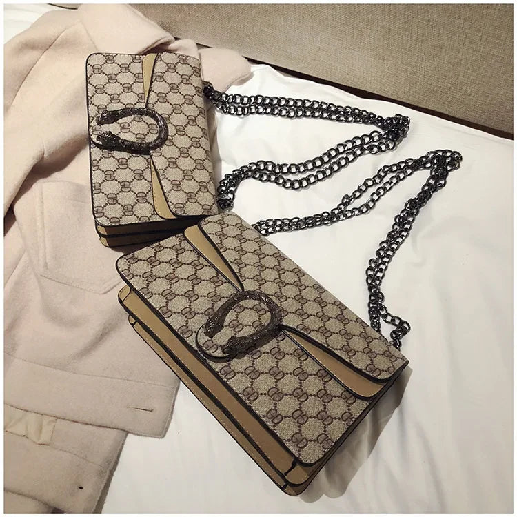Fashionable Mini Printed Chain Women's Bag Crossbody Shoulder Bag Soft PU Leather Square Shape Bag with Phone Pocket
