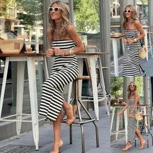 Black White Striped Pullover Dress For Women 2024 Summer New Style Striped V-neck Hem Slit Casual Loose Dress Ladies Vestidos