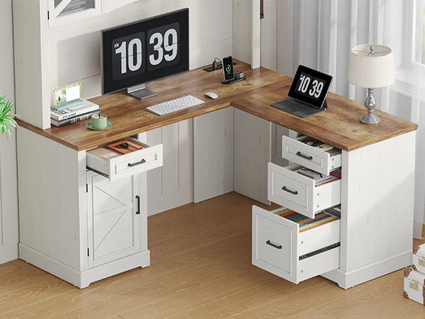 72" L-Shaped Executive Desk with Hutch, Farmhouse Home Office Desk, Wood L Shaped Computer Desks, Withe Computer Workstations