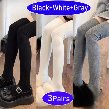 Long Socks Women Soft Wool Cashmere Socks Winter Solid Knitted Stocking Skinny Casual Knee High Fluffy Warm Thicken Girls Socks
