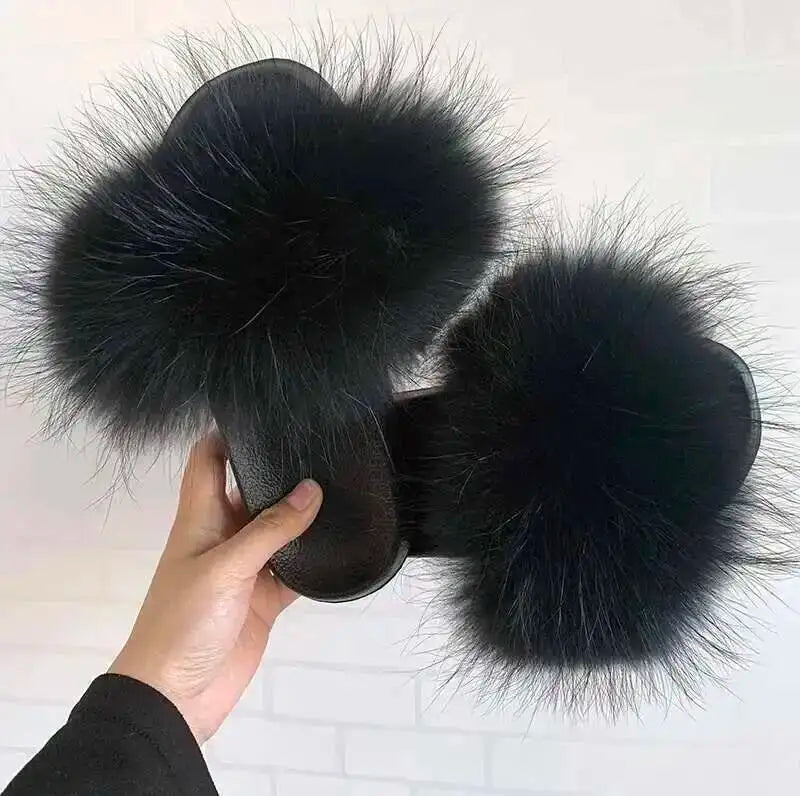 Fur Slippers Women Summer Fluffy Plush Casual Fluffy Flat Non-Slip Real Fox Fur Slides Outdoor Flat Ladies Sandals Flip Flops