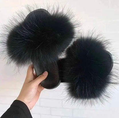 Fur Slippers Women Summer Fluffy Plush Casual Fluffy Flat Non-Slip Real Fox Fur Slides Outdoor Flat Ladies Sandals Flip Flops