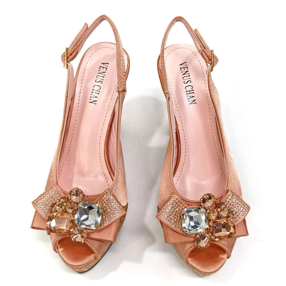 Venus Chan Nigerian Women Heel Party Shoes and Bag Set Royal Blue Colour Rhinestone Handbag Italian Design Wedding INS 2024