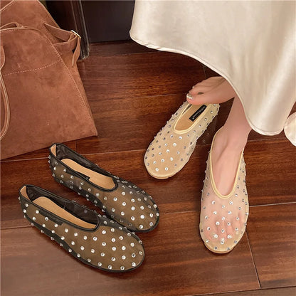 Women Flats Luxury Crystal Rivet Design Sandals Summer Mesh Breathable Ballet Shoes Plus Size Ladies Elegant Party Dress Loafers