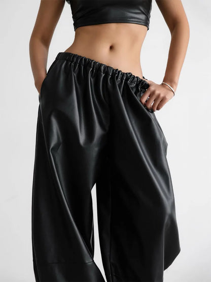 Autumn Women Pu Leather Elastic Waistband Lantern Pants Lady Casual Loose Shiny PU Trousers Trend Fashion Street Long Pants 2025