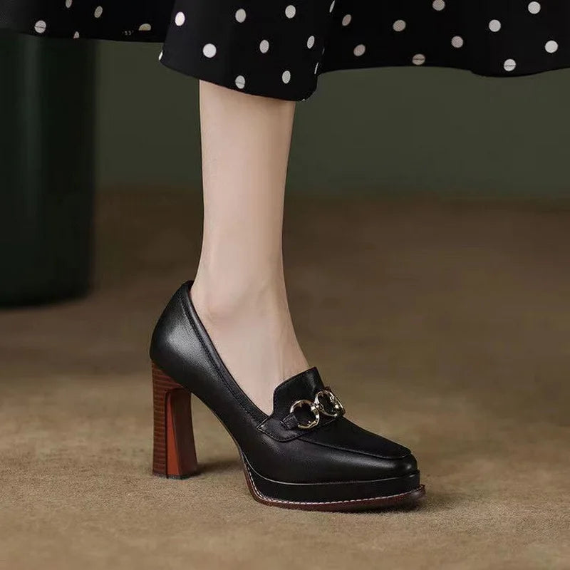 Split Cowhide Leather Shoes,Women Platform Block High Heels,Square Toe, Slip On,Retro Style,Brown,Black,Size 34-39,Dropship