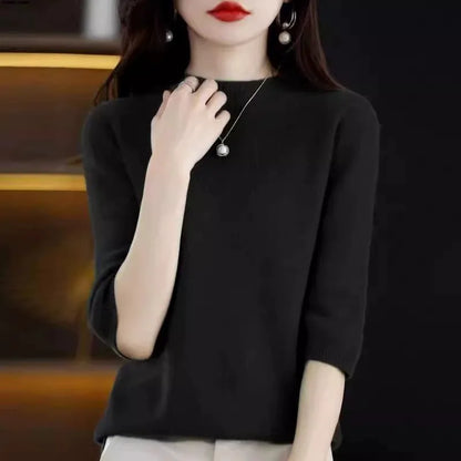2026 New Soft Short Sleeve Women's Half High Neck Overhead Wool Blend Simple Loose Thin Seven Sleeve Woolen Sweater