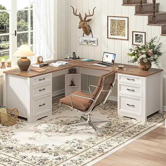 Rustic Executive Home Office Desk with Storage and Spacious File Drawer, Large Writing Desk for Bedroom in Black