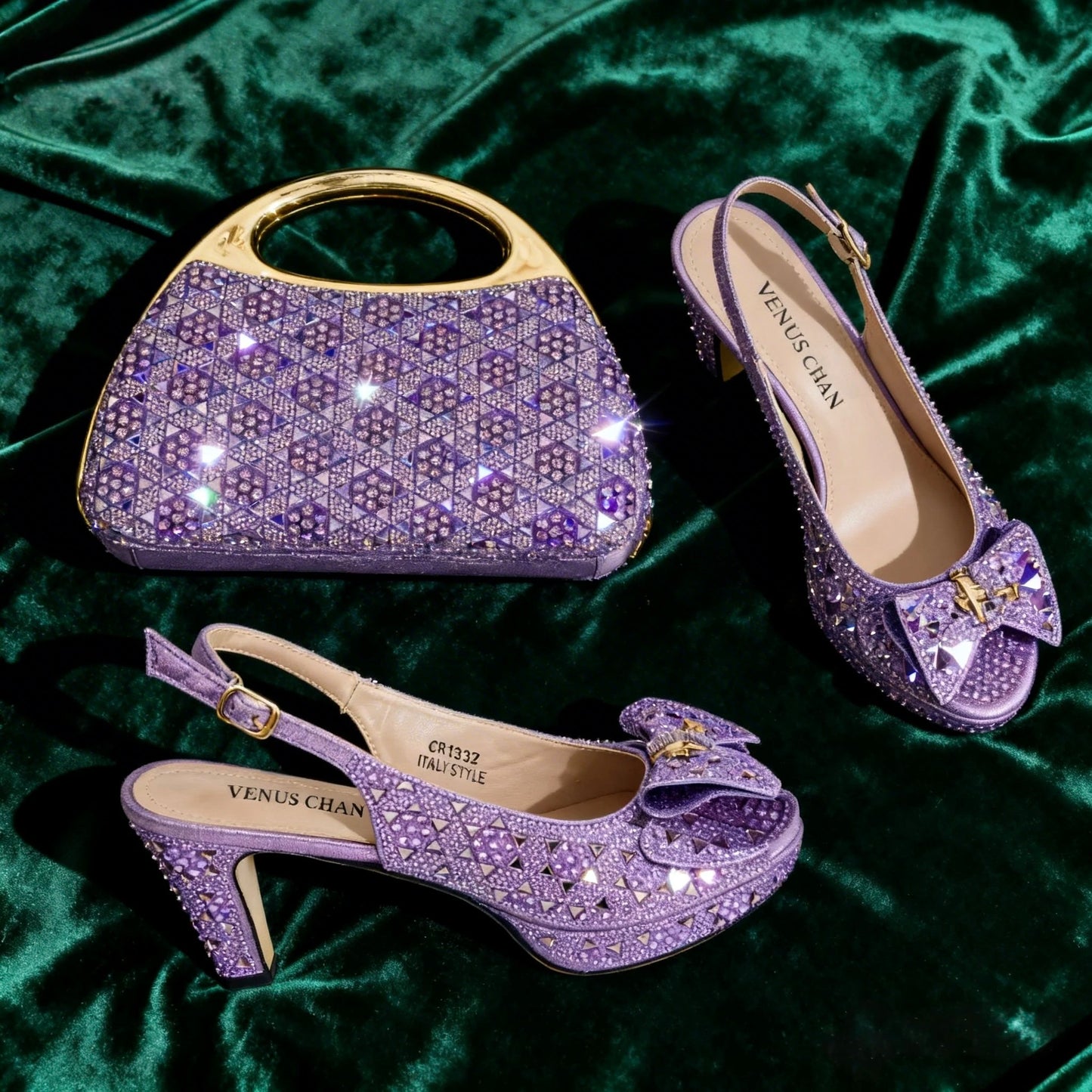 Venus Chan 2026 Women’s Italian Gold High Heels with Rhinestone Detail & Matching Bag Set - Stylish Pointed Toe Design