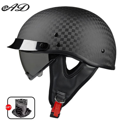    Best Seller Carbon Fiber Retro Motorcycle Half Face Helmet with Comfortable Lining Protective Goggles Helmet Factory Wholesale
