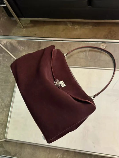 25 New Soft Suede Tote Bag Large Capacity Frosted Cowhide Lock Bag Women's Crossbody Shoulder Bag