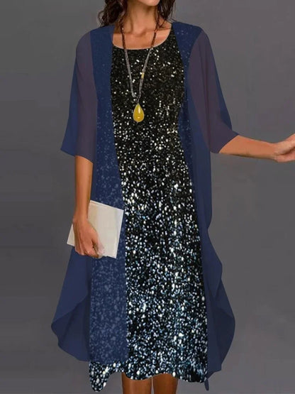 Fashion Women Chiffon Summer Sleeveless O-Neck Print Loose Party Dresses +Cardigan Shawl Elegant Casual Lady Two Piece Set Dress