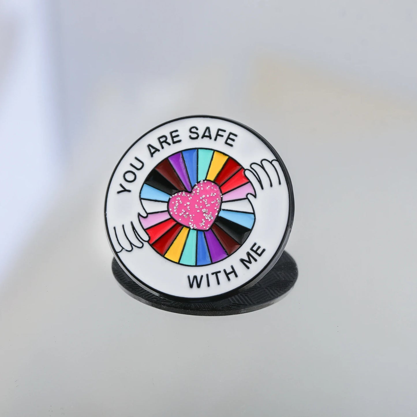 You Are Safe With Me Rainbow Glitter Heart Enamel Pin LGBT Pride Lapel Brooch Positive Quote Friendship Backpack Gift
