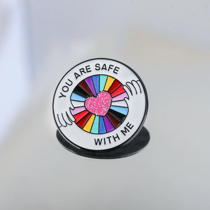 You Are Safe With Me Rainbow Glitter Heart Enamel Pin LGBT Pride Lapel Brooch Positive Quote Friendship Backpack Gift