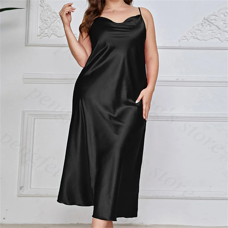 Plus Size 3Xl 4Xl 5Xl Nightgown Lady Sexy Swing Collar Nightdress Long Lingerie Women Summer New Satin Sleepwear Nightwear